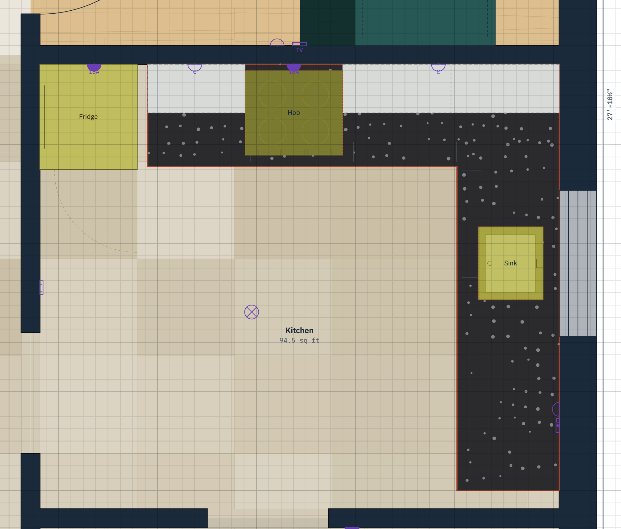 A kitchen counter run with a hob and sink placed on the worktop