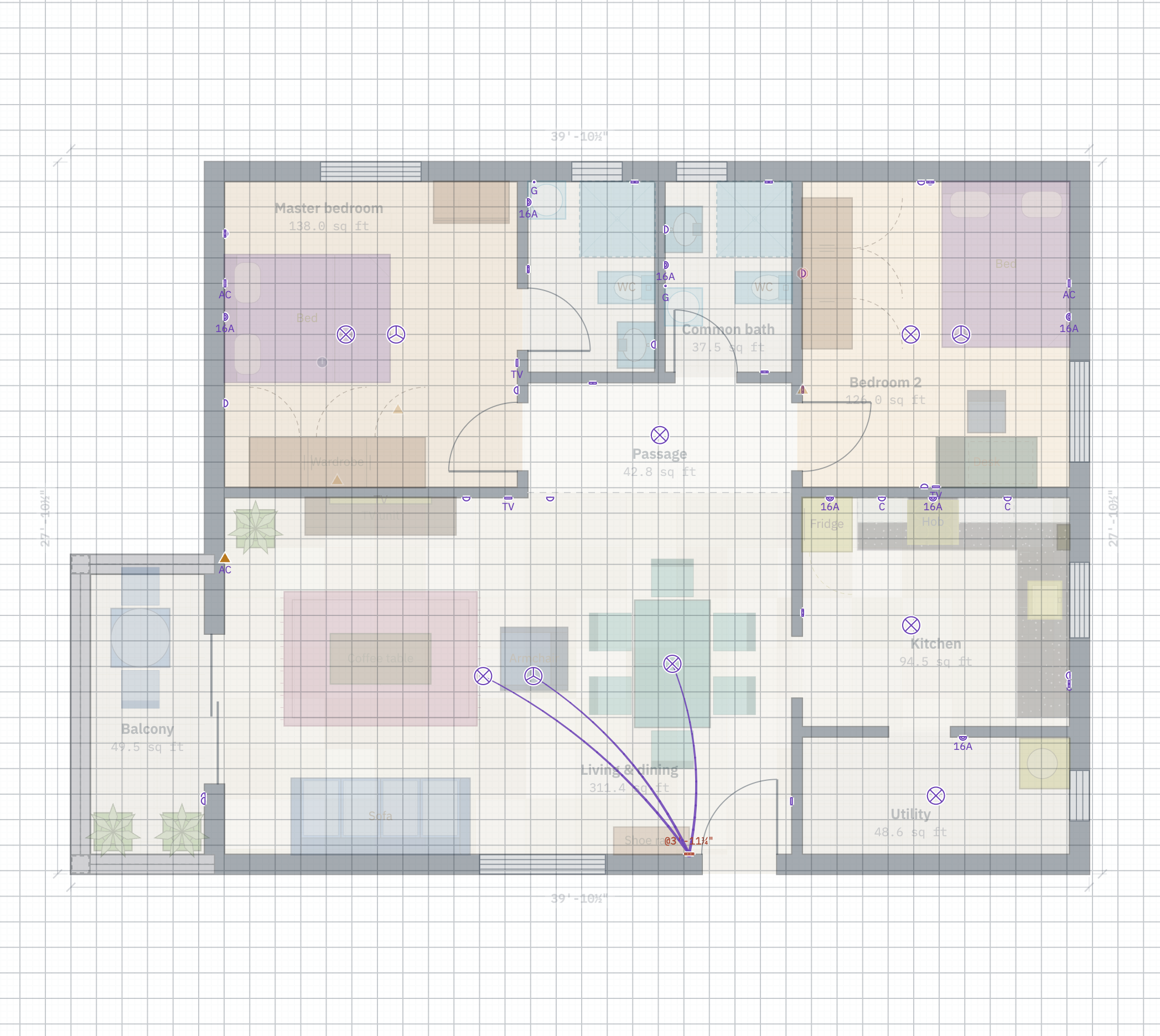 The electrical layer of the plan showing sockets, switches, lights and fans with switch links