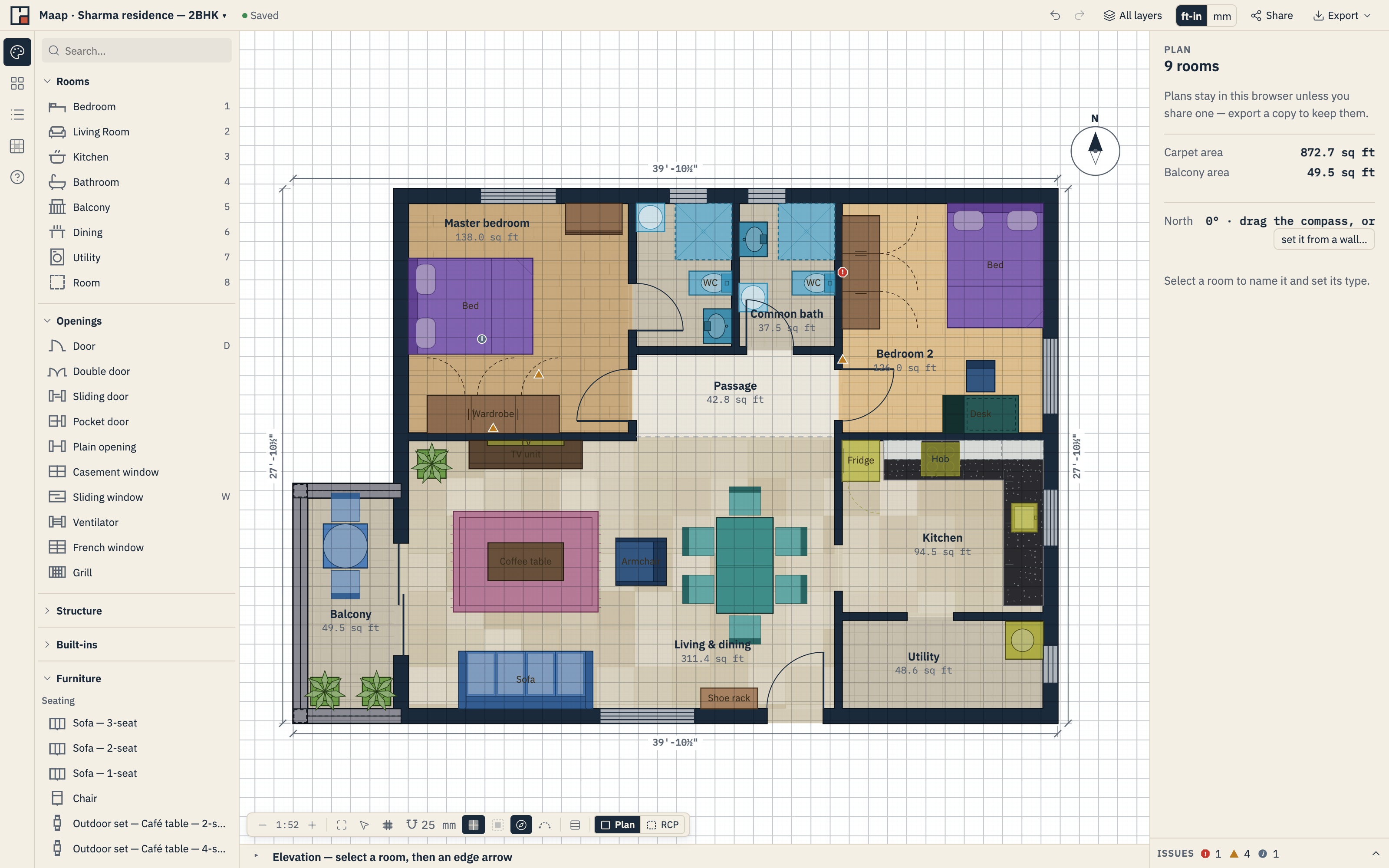 Maap showing a furnished 2BHK plan with room names and dimensions