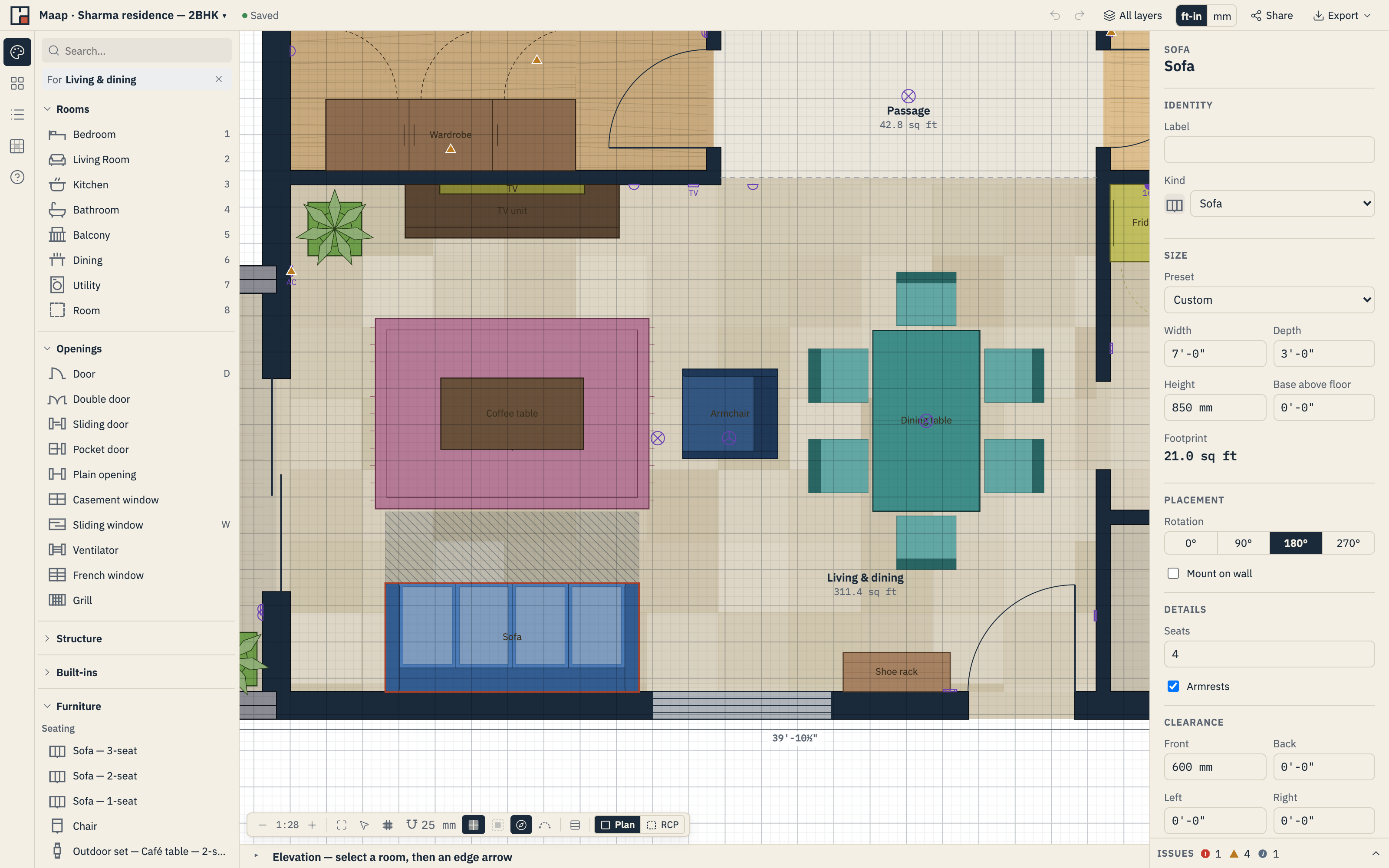 A sofa selected in the living room, with its width, depth and height in the inspector